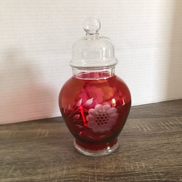 Vtg Hughes Ruby Glass Apothecary Jar with Etched Cornflower Design - Picture 6 of 12